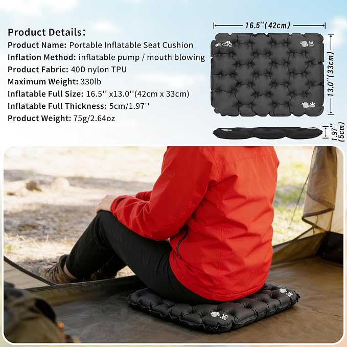 Inflatable Seat Cushion, Lightweight Waterproof Stadium Seat Pads | Camping Air Sitting Pad with Repair Patch, Portable Seat Cushions for Airplane, Hiking, Climbing, Car, Travel(Black,2 Pack) - Image 2