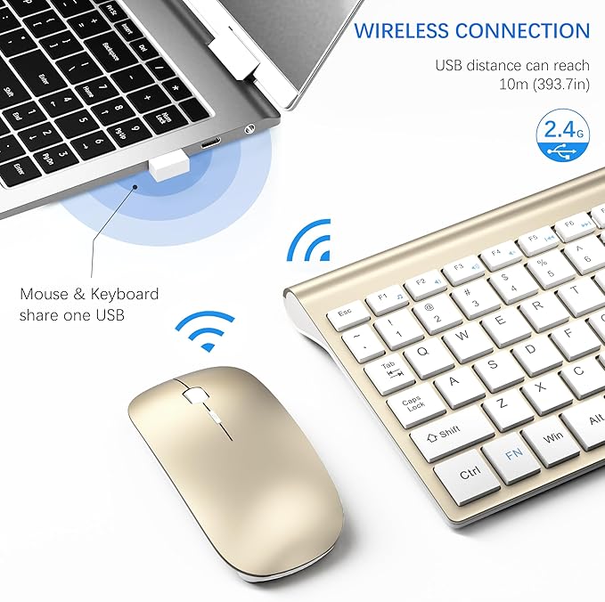 Wireless Keyboard and Mouse Ultra Slim Combo, TopMate - Gold White | 2.4G Silent Compact 2400DPI Mouse and Scissor Switch Keyboard Set with Cover, Batteries Included, for PC/Laptop/Windows/Mac - Image 3