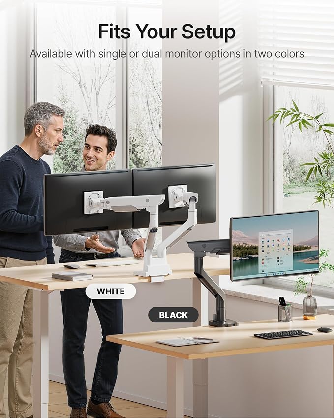 monTEK Heavy-Duty Monitor Arm for 17-57" Ultrawide, 59.4 lbs, White | Pneumatic lift, quick-release VESA 75/100 plate, full motion, clamp/grommet bases and hidden cable routing - Image 9