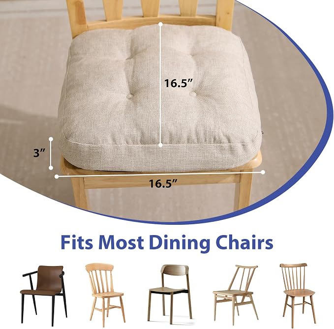 IASEAHK Chair Cushions for Dining Chairs, Dining Chair Cushions, Tufted Indoor Chair Pads with Ties & Non Slip Backing, Seat Cushions for Kitchen Chairs 16.5” x 16.5” x 3.5”, Set of 2, Beige - Image 3