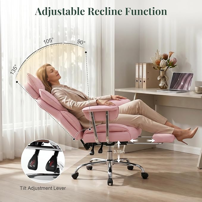 Pink Office Chair 400 LBS, for Women, Home Office | Big and Tall, PU Leather, Executive Ergonomic Desk Chair with Footrest, Lumbar Support, Wide Seat ,Reclining, Swivel Wheels - Image 6