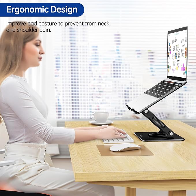 BESIGN Laptop Stand with 360° Rotating Base, Ergonomic Adjustable Notebook Riser, Foldable Computer Holder Compatible with 10-14" Laptops, LS11 Black - Image 3