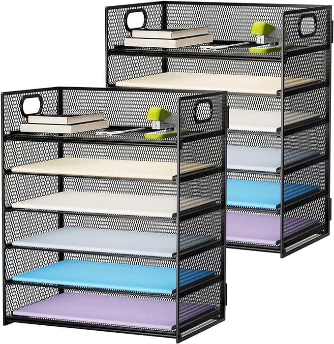 Marbrasse 2 Pack Desk Organizer with Handle, 6 Tier Paper Letter Tray, Mesh Desk File Organizer for Office, School and Home by Marbrasse