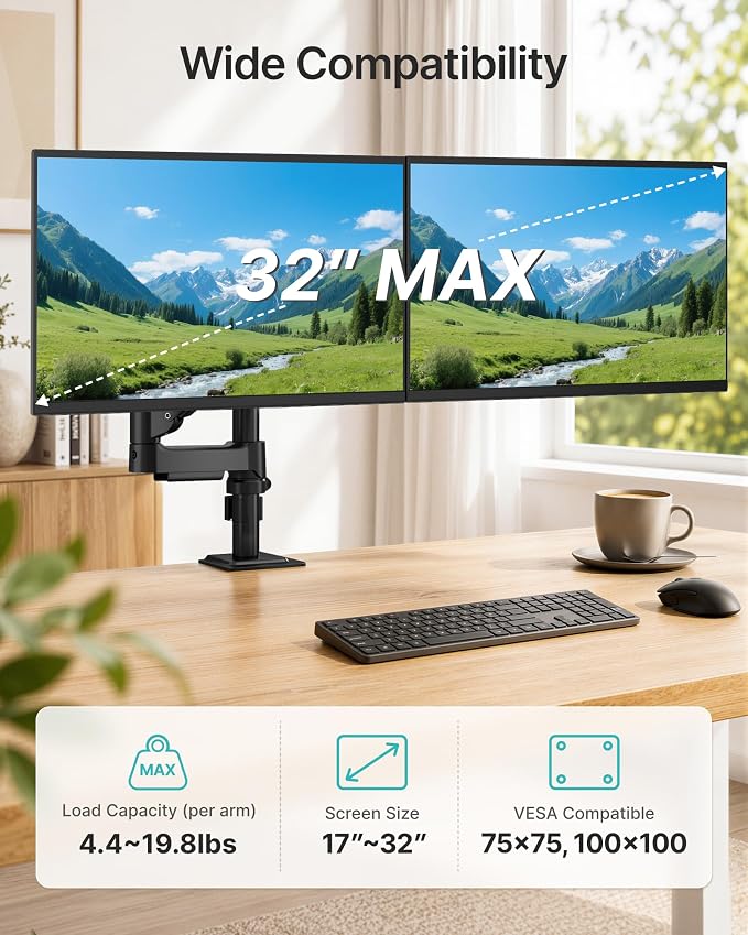 Dual Monitor Stand for 17-32 Inch Screens, Gas Spring Arms | Full Motion Mount with Cable Management, Support up to 19.8 lbs，Computer Monitor Arm with Clamp/Grommet Base - Image 2