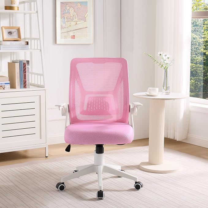VECELO Mid-Back Swivel Ergonomic Office Chair with Adjustable Arms Mesh Lumbar Support for Computer Task Work, Pink - Image 2