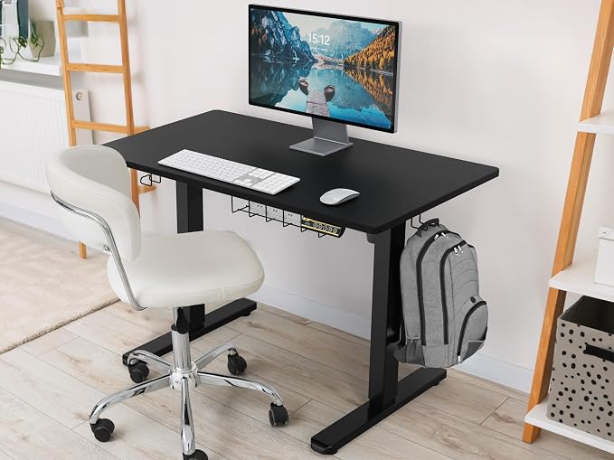 SHW 40 x 22 Electric Height Adjustable Sit to Stand Desk, Black | with Hanging Hooks and Cable Management, Black Frame and Black Top - Image 2