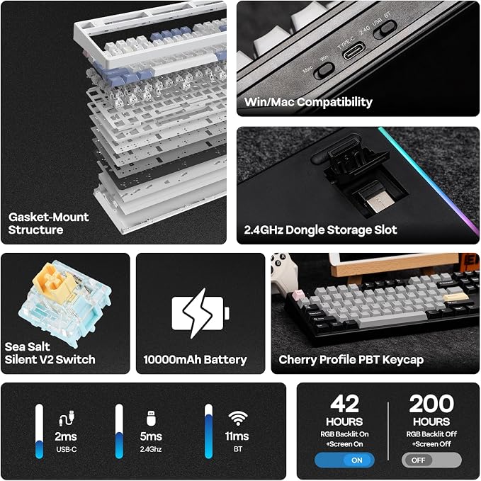 EPOMAKER TH108 PRO Full Size Mechanical Keyboard with Screen & Knob | Wireless Gaming Keyboard with 10000mAh, Creamy Gasket, Hot Swap, Custom Driver, RGB Backlight (Black, Sea Salt Silent) - Image 2