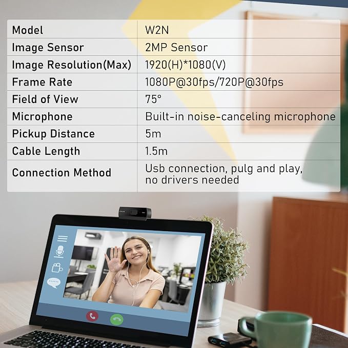 1080P Webcam with Built-in Microphone, W2N Web Cam, Privacy Cover, 75° FOV, Noise Cancellation, Plug & Play Web Camera for Computer, USB Webcam for Pc, Laptop, Desktop, Mac - Image 2