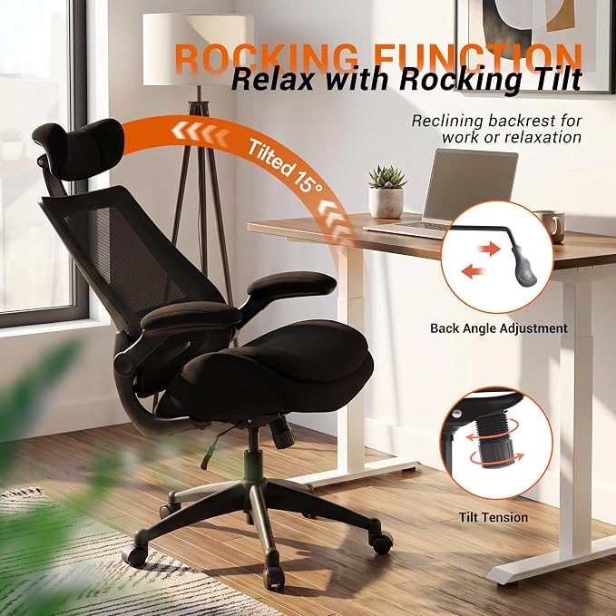 BOLISS 400lbs High Back Ergonomic Office Chair with Dual Seat Cushion | Heavy Duty, Angle Adjustable Headrest, Soft Flip-up Arms, Molded Foam Seat, Back Support,Mesh Computer Desk Chair with - Image 7