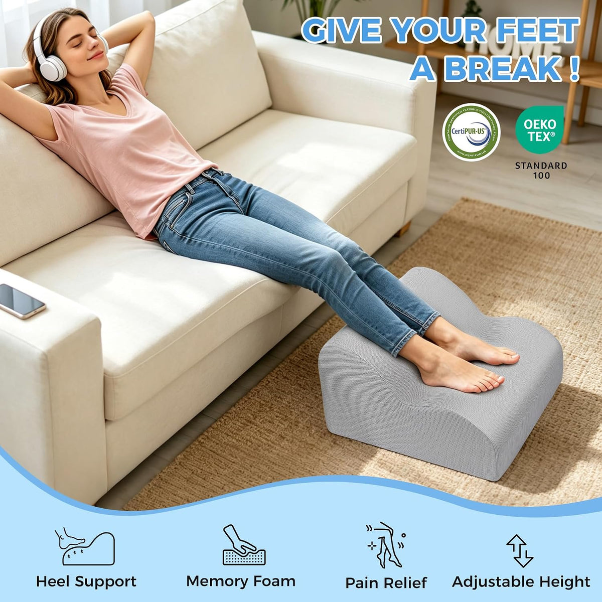 26D Foot Rest for Under Desk at Work, Ergonomic Memory Foam, Grey - Image 4