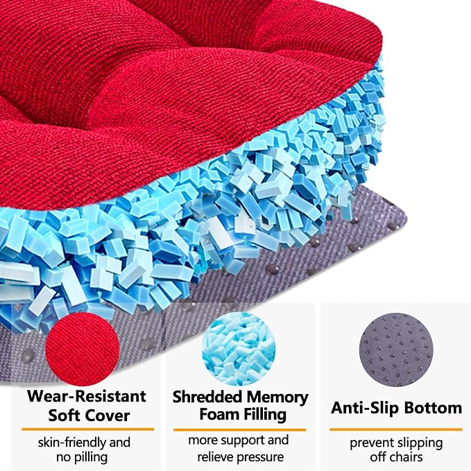 MAGIC ELEPHANT Chair Cushions for Dining Chair, Shredded Memory Foam Kitchen Chair Cushions Set of 4, Non-Slip Thick Dinning Room Chair Pads Seat Cushions, 15.5" x 15.5" x 4" (Red) - Image 2