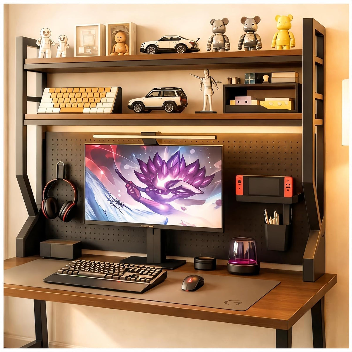 Desktop Hutch Bookshelf,Many Gifts,Metal Desktop Bookcase with pegboard, Desk Shelf Brown, Countertop Storage Organizer Rack for Dorm or Office,Desktop Shelves (Walnut+Black, 45.3" Lx9.9 Wx39 H) by Generic