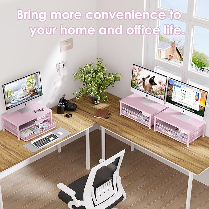 Computer Monitor Stand Riser, Desk Organizer with Drawer, Printer & Laptop Stand, Office Desk Accessories & Workspace Desktop Organizers Storage for Office Supplies(Pink) - Image 6