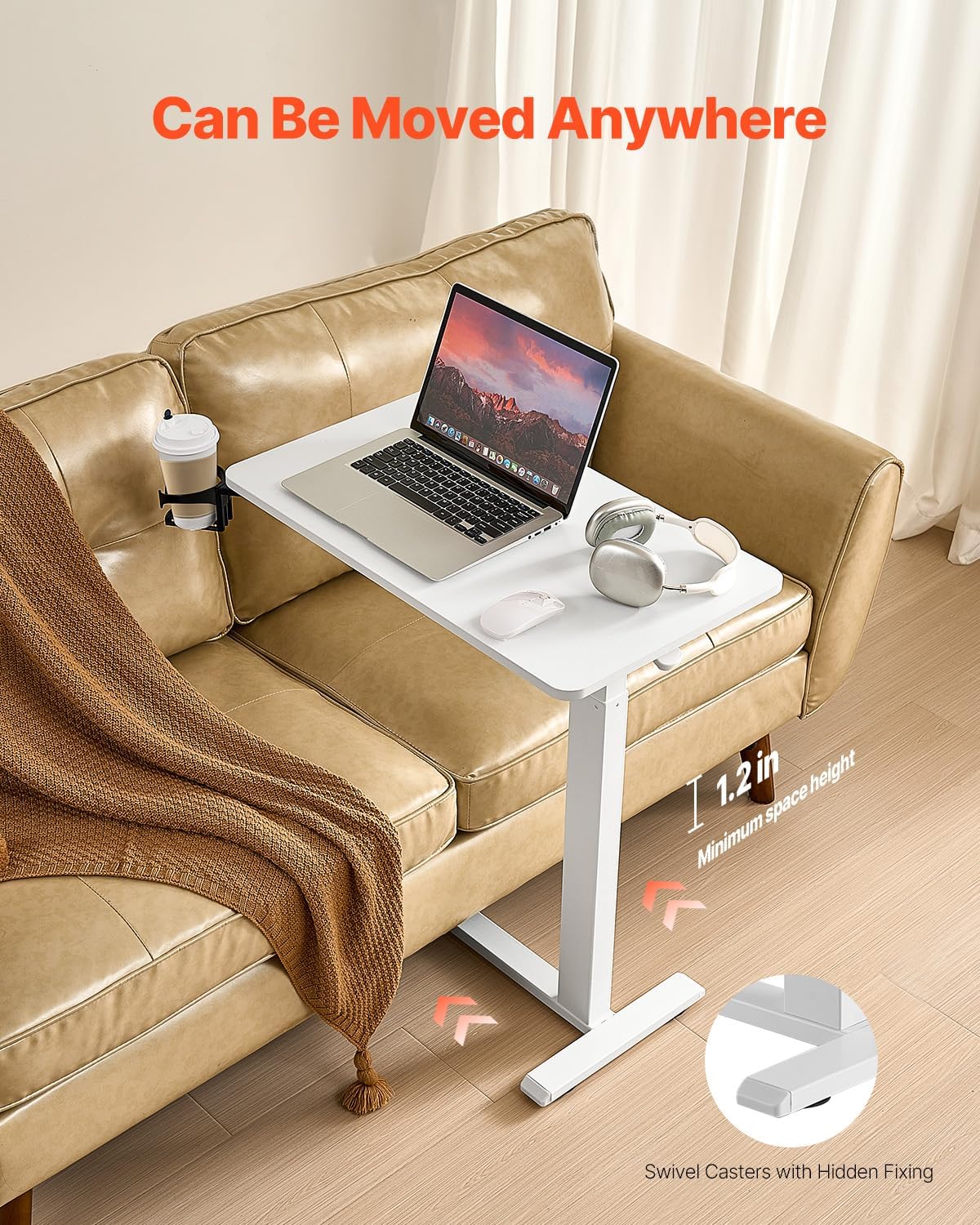 VEVOR Overbed Table, Mobile Bed Side Table with 4 Hidden Wheels, Height Adjustable Rolling Laptop Desk with Cup Holder, Portable Particleboard Over Bed Desk for Home, Office, Study, White - Image 6