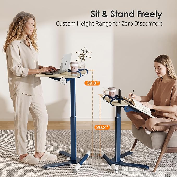 ROMOON Portable Standing Desk with Wheels, Height Adjustable Mobile Desk | Rolling Laptop Cart with Tilt Top, Storage, 24" Sit-Stand Computer Table for Home Office, Bedroom, Small Spaces, Oat Yellow - Image 3