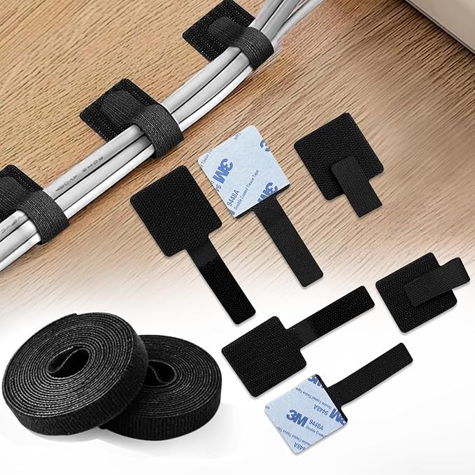 Adhesive Under Desk Cable Management Kit - 45 PCS Sticky Back Velcro Ties + 2 Rolls Extension Straps for No Drill Cord Organization, Home Office (Black) by Homljie