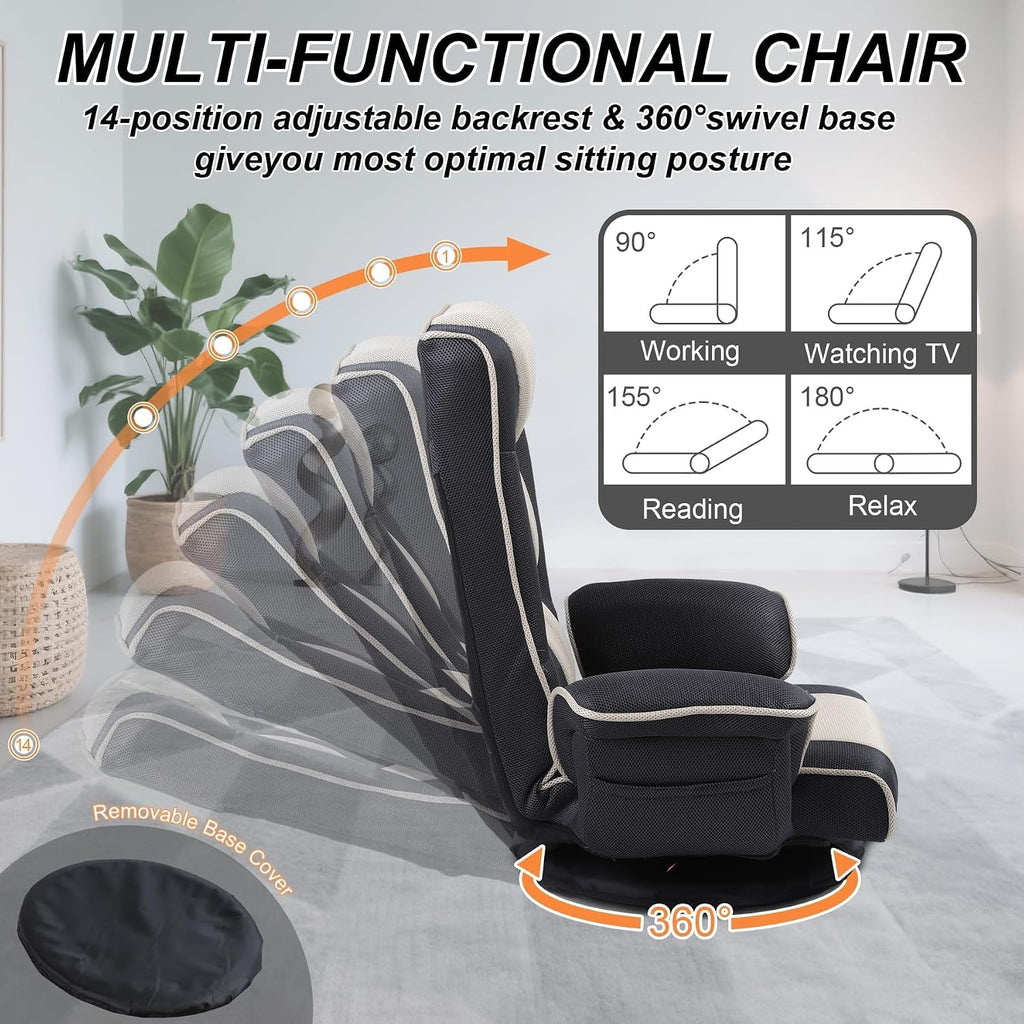 Swivel Floor Chair for Adults, 14-Position Adjustable Floor Gaming Chair with Back Support & Armrests, Foldable Lazy Sofa Lounge, Breathable Mesh for Gaming Reading Meditation (Black/Beige) - Image 4