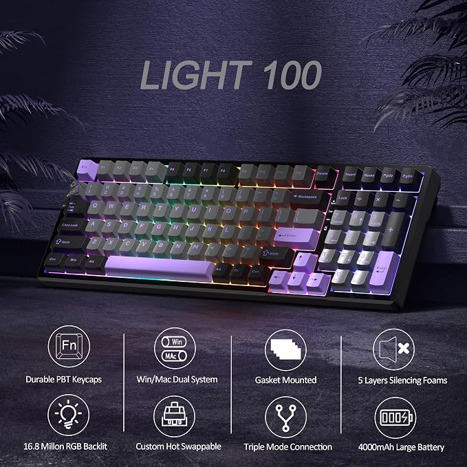 MageGee LIGHT100 Wireless Creamy Keyboard, Gasket Structure Hot Swappable, Tri-Mode 2.4G/USB-C/BT5.0 RGB Backlit Mechanical Gaming Keyboard for Win/Mac/PC, PBT Keycap, 4000mAh Battery, Purple - Image 3