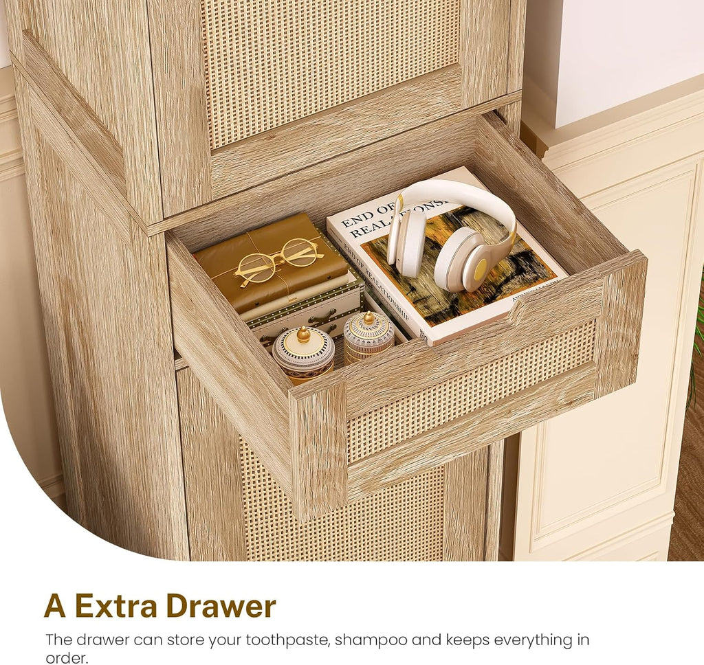66.9" H Tall Storage Cabinet with 2 Rattan Doors and 1 Drawer, Narrow Rattan Cabinet with Adjustable Shelves, for Living Room, Entryway, Kitchen, Natural - Image 7
