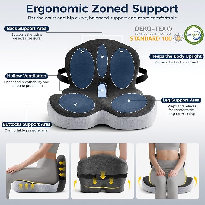 Seat Cushion, Office Chair Cushions for Tailbone Relief, Seat Cushions for Office Chair with L-Shaped Ergonomic Design & Adjustable Strap, Memory Foam Chair Cushion for Long Sitting (Black Gray) - Image 5