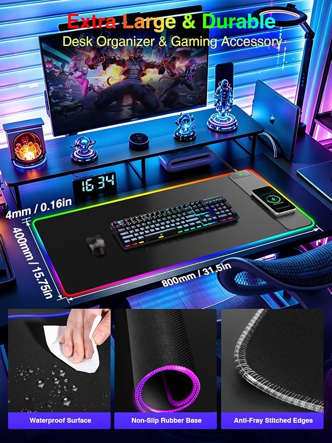 Wireless Charging Mouse Pad Gaming, 31.5"x15.8" Large Desk Mat, Waterproof | RGB Mousepad, Smooth Glide, Stitched Edge, Non-Slip Rubber Base, Desk Pad Computer Keyboard Mat, No Adapter - Image 2