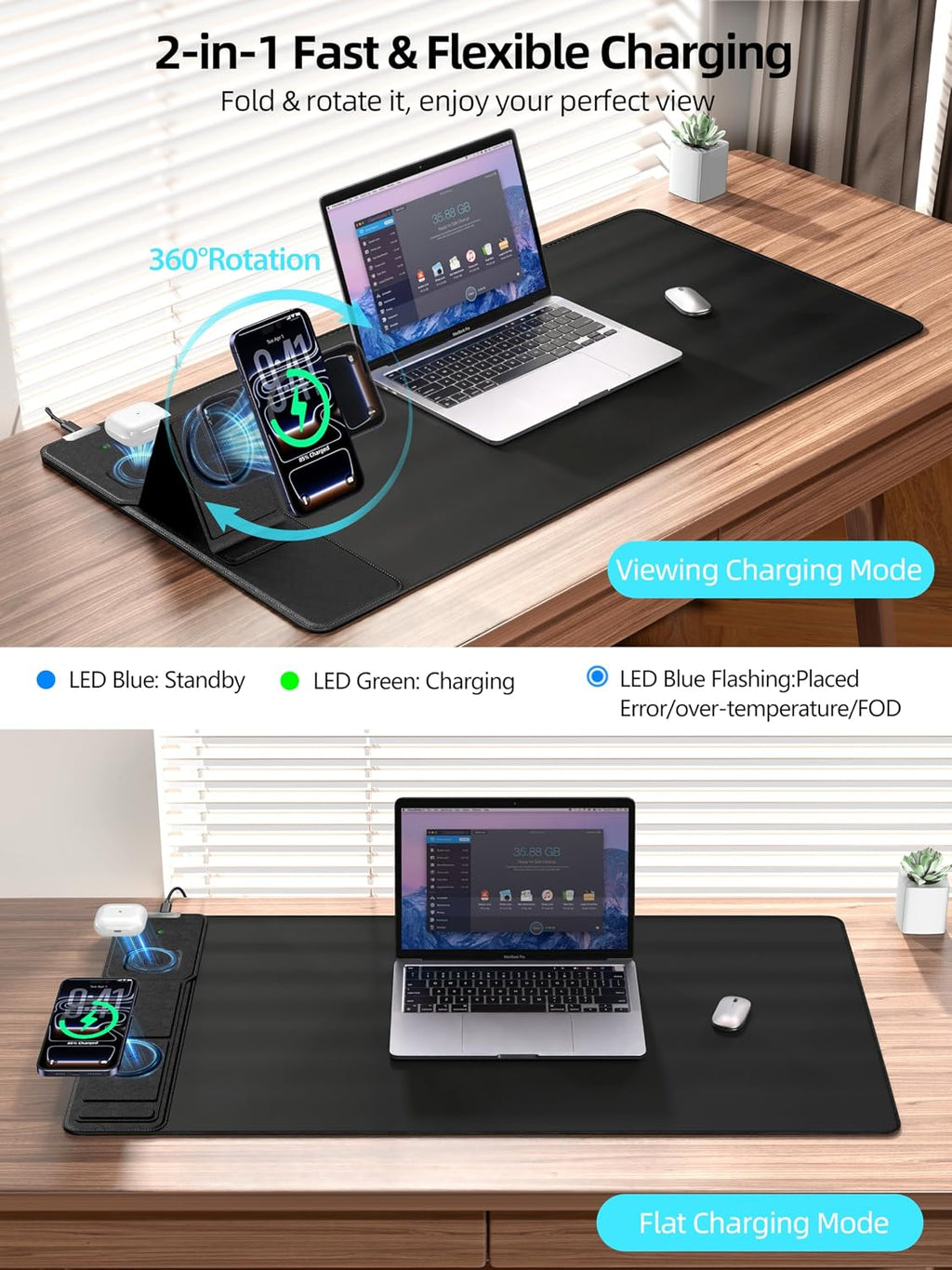 Mouse Pad with Magnetic Wireless Charging & Adjustable Phone Stand, 31.5"x15.8" Extended Desk Mat, Waterproof Ultra-Smooth Keyboard Pad, Non-Slip Base, Black - Image 2