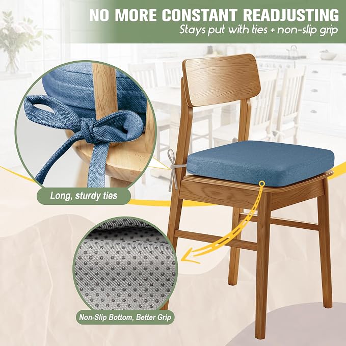 kingphenix Chair Cushions for Dining Chairs, Set of 6, 2.5 Inches Thick | High-Density Foam Kitchen Chair Cushions with Ties, Non-Slip Bottom and Removable Machine-Washable Covers, Navy Blue - Image 3