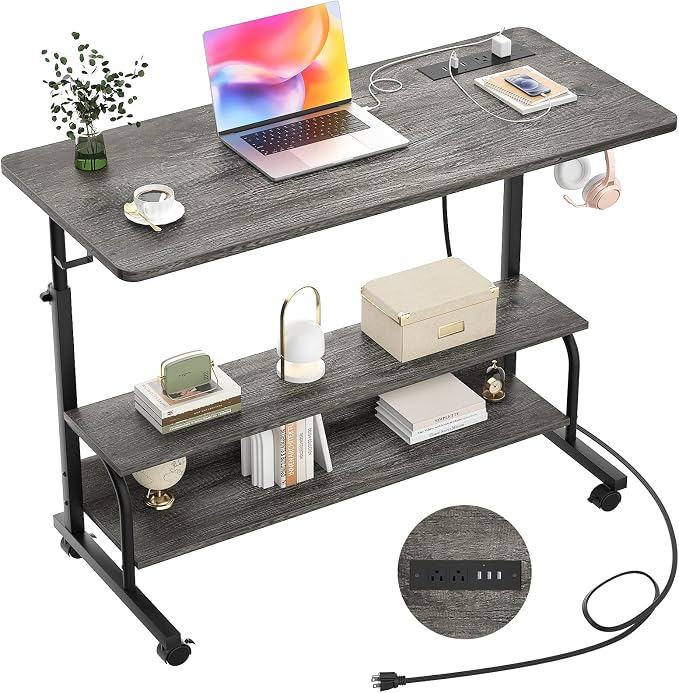 39" Rolling Standing Desk with Charging Station for Couch Bed | Height Adjust 27.5-41", 2 AC/3 USB, Mobile 4 Lockable Wheels, 2-tier Shelves Hook, Safe Corner Fast Assembly by Armocity