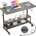39" Rolling Standing Desk with Charging Station for Couch Bed | Height Adjust 27.5-41", 2 AC/3 USB, Mobile 4 Lockable Wheels, 2-tier Shelves Hook, Safe Corner Fast Assembly by Armocity