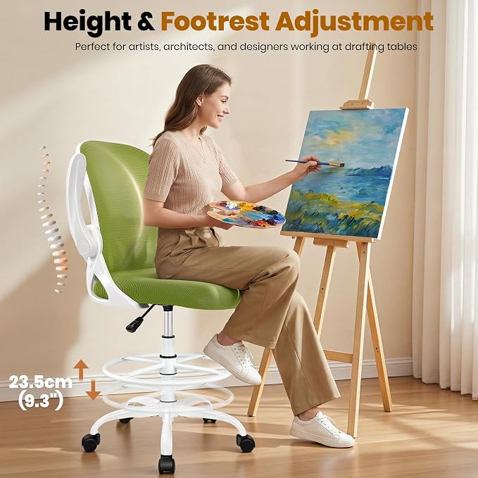 Drafting Chair Tall Office Chair with Flip-up Armrests Executive Ergonomic Computer Standing Desk Chair with Lumbar Support and Adjustable Footrest Ring (AvocadoGreen) - Image 4