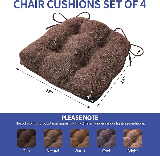 IPYNBAP Chair Cushions for Dining Chairs Set of 4, Kitchen Chair Cushions, Chair Pads with Ties and Non Slip Backing, Tufted Memory Foam Seat Cushion 4 Pack, 18" x 18" x 4", Brown - Image 2