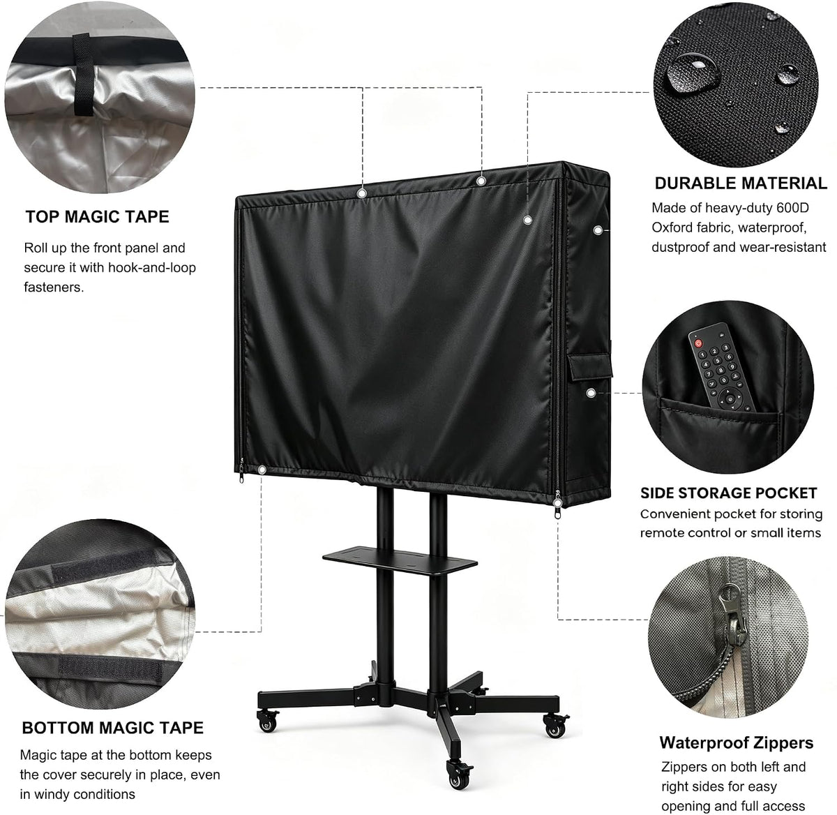 Black Waterproof Mobile TV Cart Cover Dustproof Outdoor Protector Fit 55-65 Inch Rolling Television Stand - Image 3