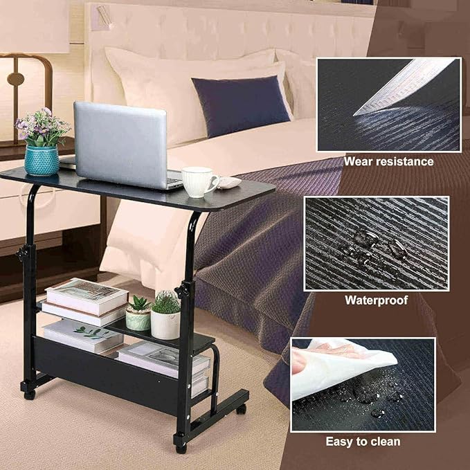 Adjustable Height Mobile Computer Desk for Small Space Rolling Table with Wheels Desk Home Office Study Desk Portable for Bedrooms Work Size 31.5x15.7 Inch Black with Storage Gaming Table B - Image 5