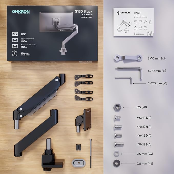 ONKRON Heavy Duty Monitor Arm for 17-57 Inch Screens up to 59.4 lbs, Ultrawide Screen Mount with Adjustable Gas Spring, VESA 75x75-200x200, Single Arm Monitor Mount for Desk, Clamp & Grommet Black | Ultrawide monitor mount with 23" extension, gas sprin... - Image 7