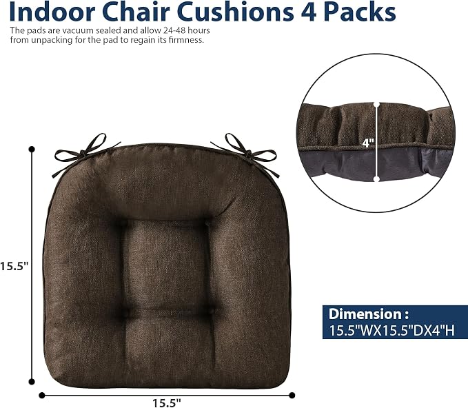 IASEAHK Chair Cushions for Dining Chairs, Seat Cushions for Kitchen Chairs, Indoor Seat Cushions with Ties, Tufted Foam Chair Pads, Non Slip Chair Cushions Set of 6, 15.5" x 15.5" x 4", Brown - Image 2