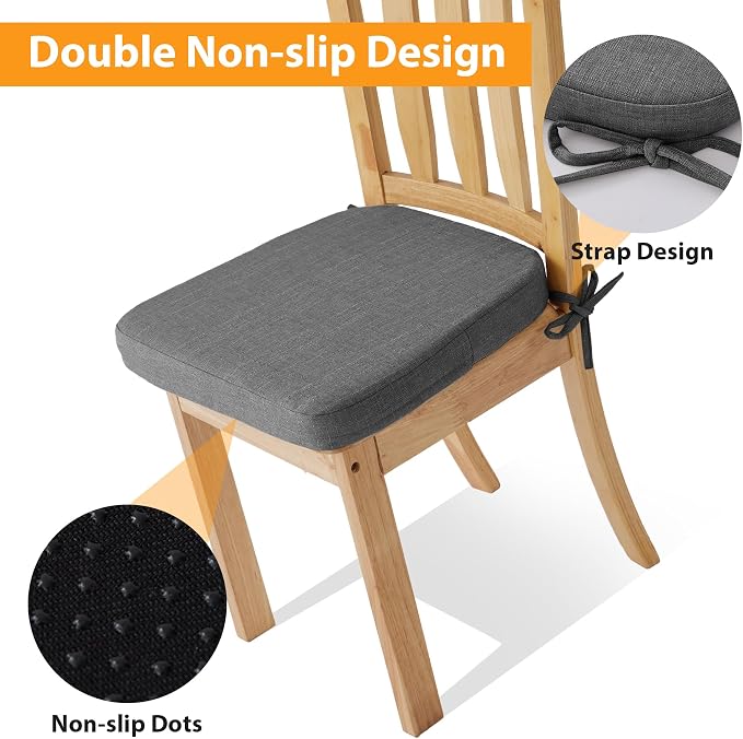 Ruqmuis Chair Cushions for Dining Chairs, 2" Thick Seat Cushions for Kitchen Chairs, D-Shaped Chair Pads with Washable Cover, Ties and Non Slip Backing, 17'' x 16'', Set of 4, Dark Grey - Image 3