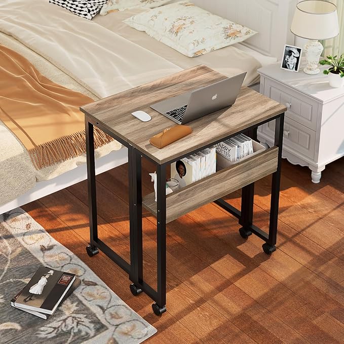 GreenForest Folding Desk with Wheels, 31.5" Rolling Table for Small Spaces | Storage Shelf, Lockable Casters, Compact Portable Workstation, Space-Saving Foldable Sofa Table, Home Office, Mobile, Grey - Image 2
