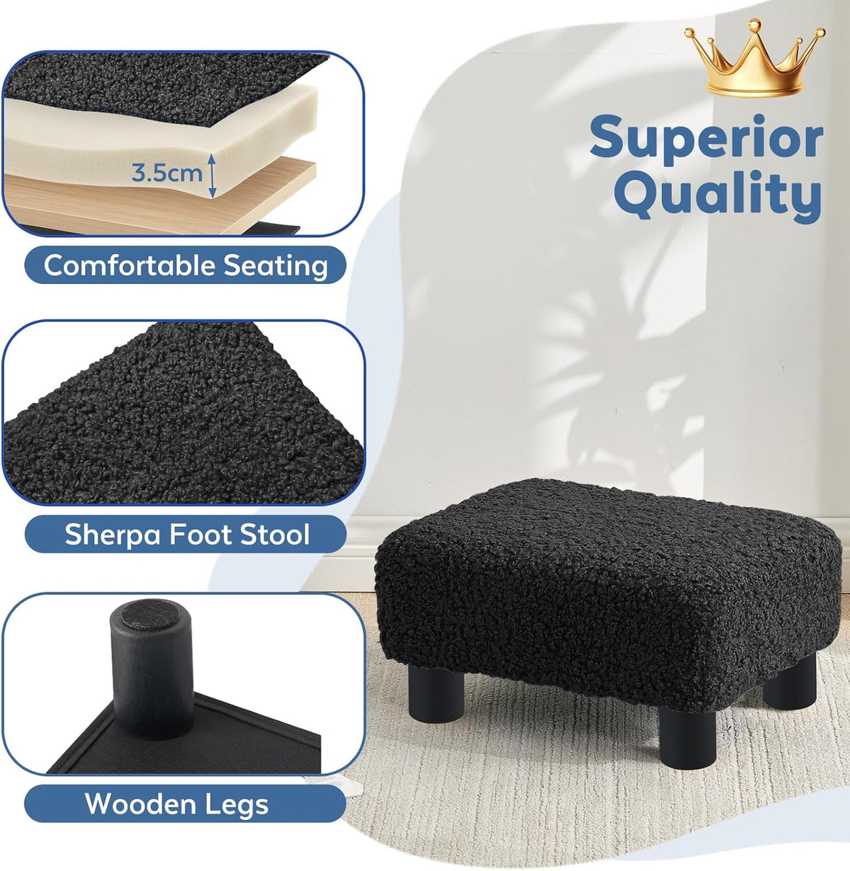 BRIAN & DANY Small Foot Stool Ottoman, Footstool with Legs, Sherpa Foot Rest for Couch, Foot Stools Small for Living Room, Bedroom and Office, Coal Black - Image 4