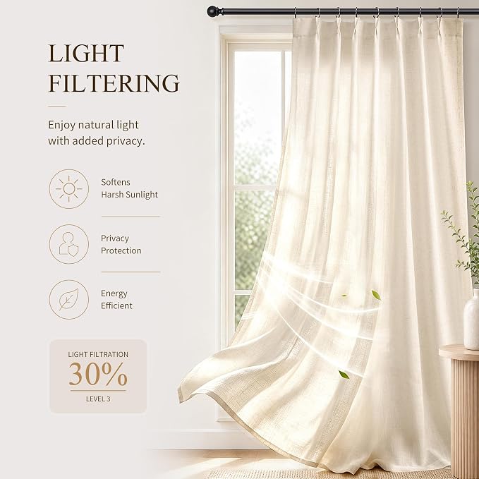 Hokibero Cream Pinch Pleated Linen Curtains 60 Inch Long for Living Room | Beige Light Filtering Semi Sheer Curtain,Back Tab Hooks Rings,Farmhouse Textured Privacy Drapes for Bedroom Window,2 Panels - Image 6