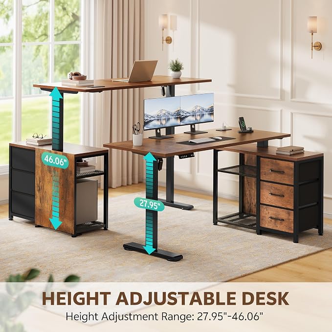 47'' L Shaped Desk with 3 Drawers Electric Standing Desks Rustic | with Storage Computer Desk Adjustable Height with Power Outlets 4 Memory Presets for Home Office - Image 3