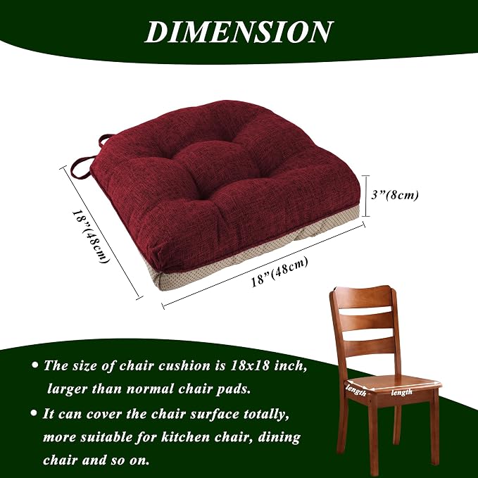 Chair Cushions for Dining Chairs Set of 2, 18"x18"x3", Red | Non-Slip with Ties, Tufted, Faux Linen, Seat Cushions for Dining Room Kitchen Breakfast Nook Indoor Home Office Living Room - Image 2