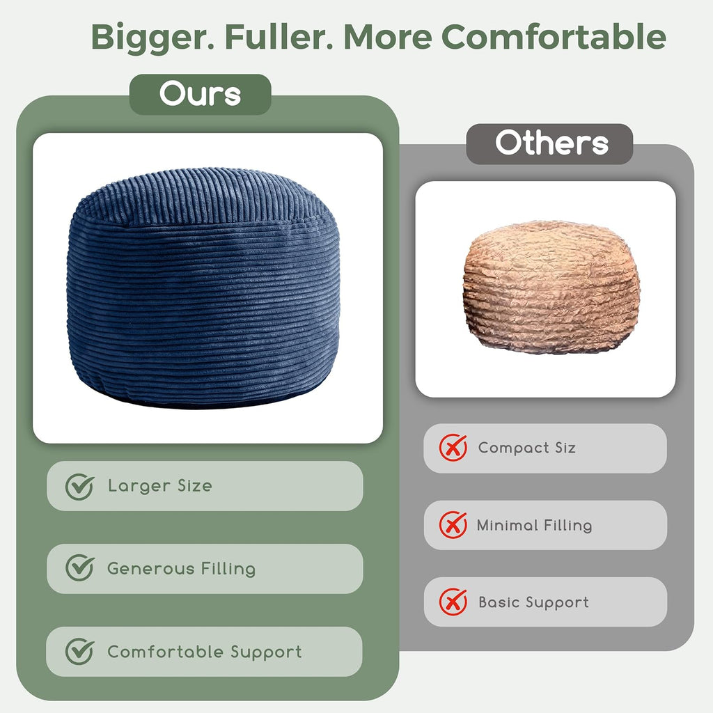 HIGOGOGO Round Stuffed Pouf Ottoman, Corduroy Poufs with Foam Chunk Filling, Furry and Fluffy Pouf Foot Stool Storage Ottoman, 26 X 18 Floor Poufs Foot Rest for Living Room, Bluestone - Image 6