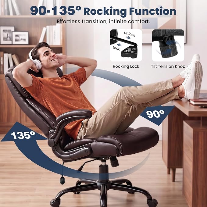 Ergonomic Office Chair, High Back Executive Leather Desk Chair | Inflatable Lumbar Support for Back Pain Relief, Heavy-Duty Computer Desk Chair for Long Workdays, Flip-Up Armrests, Coffee - Image 6