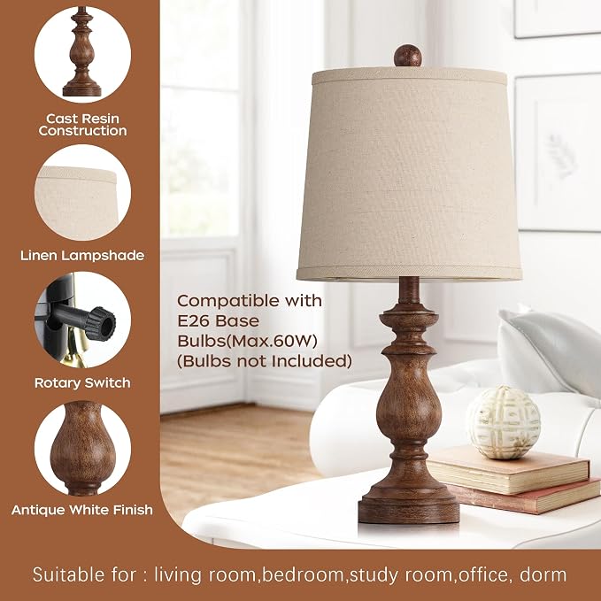 Traditional Table Lamp Set of 2, Rustic Farmhouse Table Lamps for Living Room Bedroom, 22" Bedside Desk Lamps Vintage Nightstand Lamps with Linen Shades, Wood Grain - Image 4