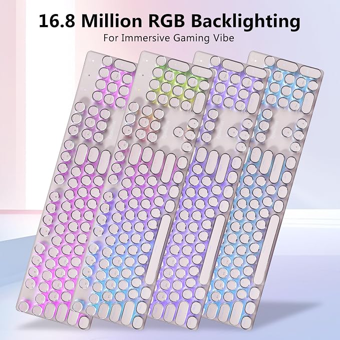 Redragon K710 Wireless Typewriter Mechanical Gaming Keyboard, Pink | Bluetooth/2.4Ghz/Wired, RGB Led Backlit, Blue Switch - Clicky, Rechargeable 4000mAh, Solid Metal Panel, Round Keycaps - Image 3