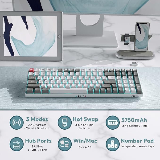 RK ROYAL KLUDGE RK100 Wireless Mechanical Keyboard RGB Backlit Bluetooth5.1/2.4G/Wired 96% Full Size 100-Key Hot Swappable Gaming Keyboard Red Switch Classic - Image 5
