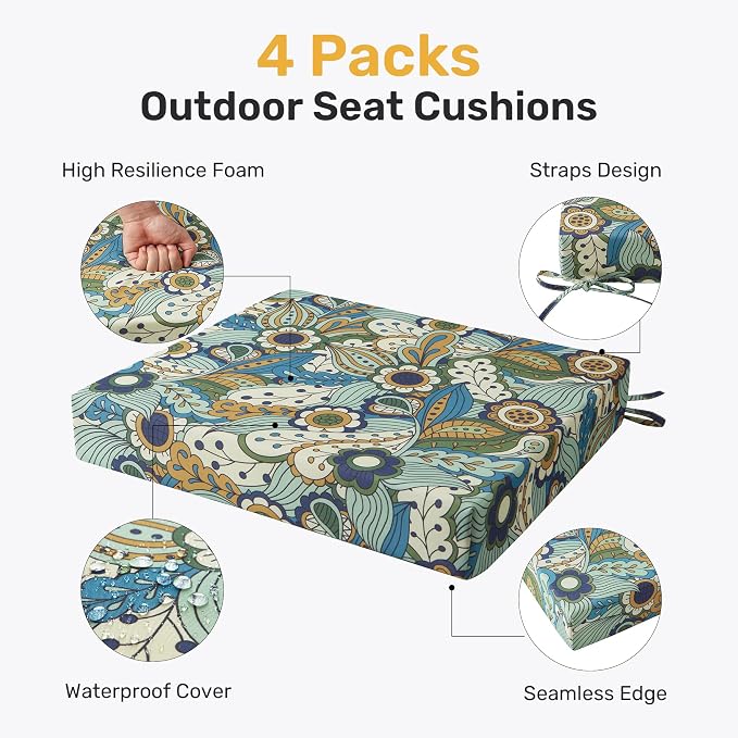 UNIKOME Outdoor Chair Cushions Pack of 4, Water Resistant Patio Cushions with Ties, High Density Sponge Filling Square Corner Seat Cushions for Outdoor Furniture, 18.5"*16"*3", Sun Flower - Image 2