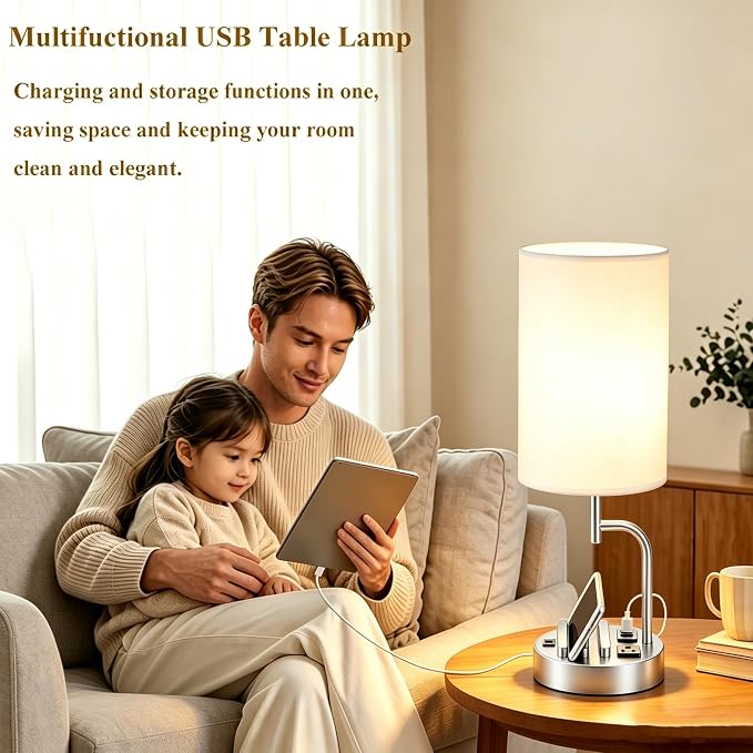 Dreamholder 2 Pack Table Lamp, Bedside Lamp with 3 USB Charging Ports & AC Outlet, USB Desk Lamp with 2 Phone Holders, Linen Fabric Shade Nightstand Lamps for Bedroom Living Room Office, Silver - Image 7