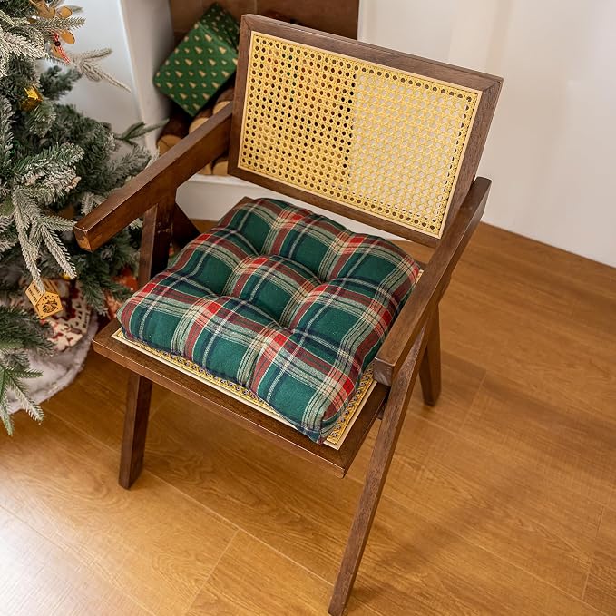 vctops Christmas Green Tartan Chair Cushions with Ties (Pattern G,16"x16") | Soft Comfortable U-Shaped Chair Pads Non Slip Seat Cushions for Indoor Dining Room and Kitchen Chairs - Image 3