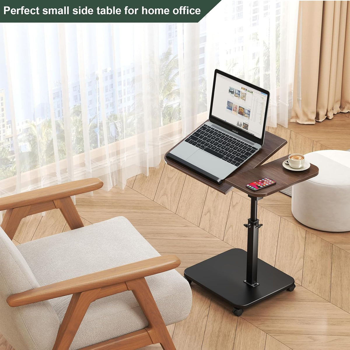 Adjustable Height C Shaped End Table with Wheels,360°Swivel Side Table, Top Tilting Laptop Stand TV Table for Sofa/Bed, Couch Tables that Slide under, Rolling Coffee Table for Living Room (walnut) - Image 3